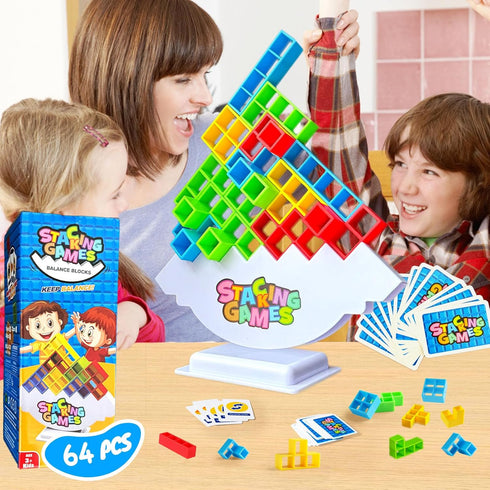 64 Pcs Tetra Tower Stacking Game, Fun Balance Building Blocks Board Games for Kids Adults Family Party Gifts
