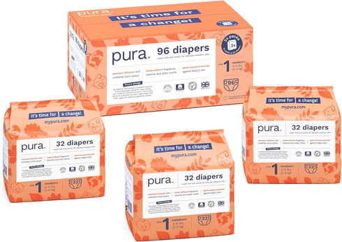 Pura Size 1 Eco-Friendly Diapers (4-11lbs), Hypoallergenic Soft Organic Cotton, 3 Packs of 32