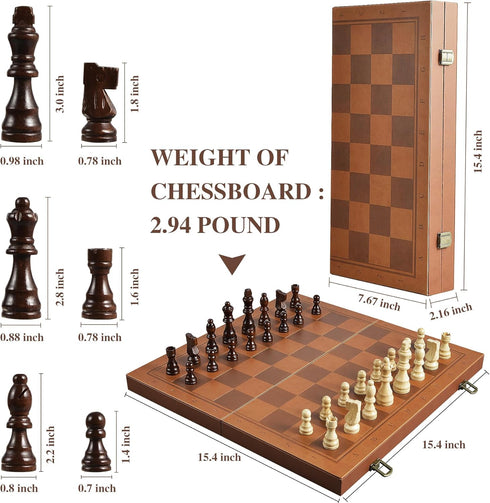 Set 15.4" 2 OUMODA Magnetic Chess for Adult Kid, Leather Chess Board with Handmade Chess Piece Including Extra Queens