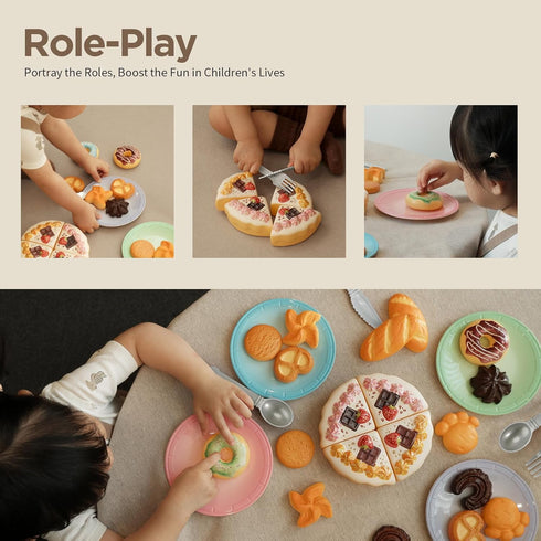 34PCS Set, 4 5 6 7 8 GILOBABY Tea Party Play Food Complete Bakery Pretend Play Toys with Cake, Donuts, Cookies & Plates