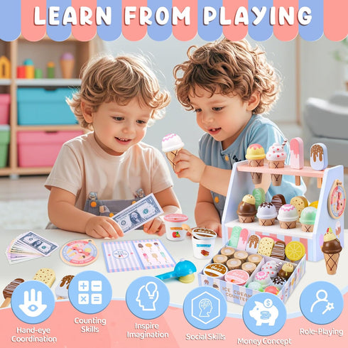 Set Counter Playset 3 4 5 6 Ehome Wooden Ice Cream Toys Pretend Play Food Store for Kids Serve Ice Cream Shop Kitchen