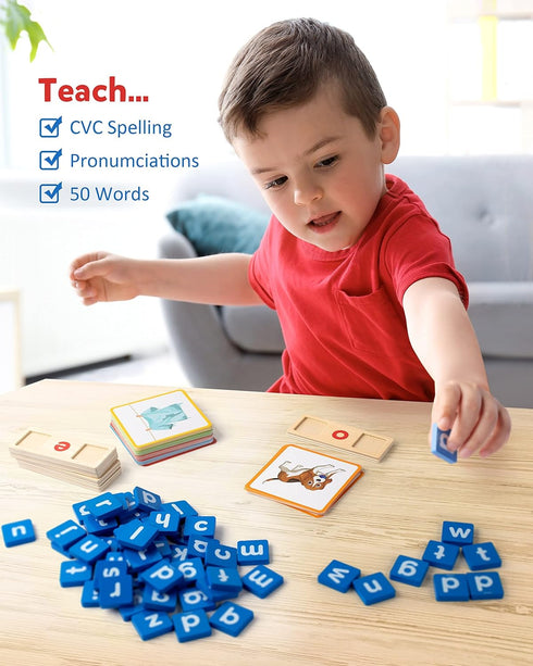 Coogam Wooden Short Vowel Reading Letters Sorting Spelling Games, CVC Words Learning Flashcards for Kids 3-5