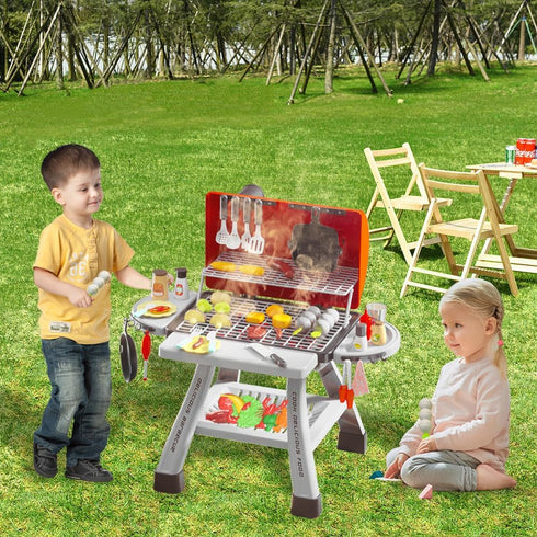 Barbecue Grill Toy Set, Kids BBQ Kitchen Playset with Smoke Sound Light Simulation for Interactive Pretend Play
