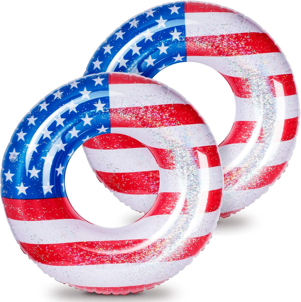 Zhanmai Patriotic Inflatable Pool Float Tube - USA Flag Design Water Swimming Ring for Kids, 36 Inch (2 Pieces)