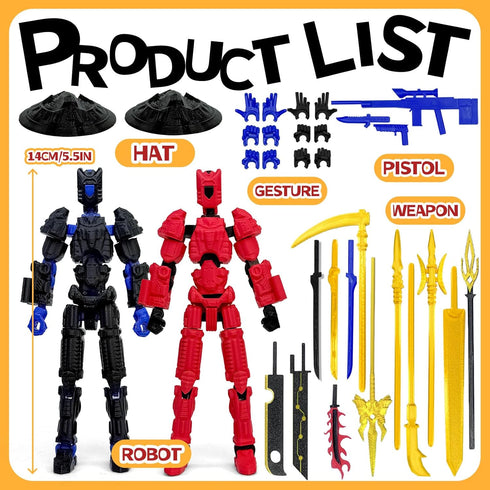 KAMOVNY T13 3D Set 2PCS Printed Action Figure Fully Assembled Multi-Jointed Robot Toys with Accessories, Poseable