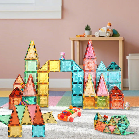 3+ (60 Magnetic Tiles,Magnet Building Blocks Construction Stacking Educational Toy Creative Playboard for Kids Ages