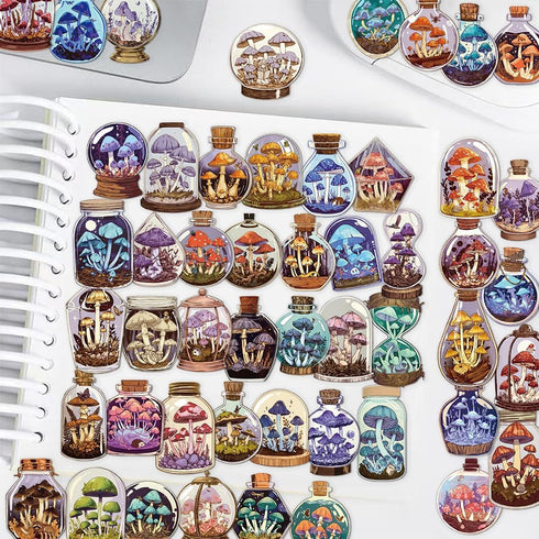 LOOGFDC 50 Pcs Vintage Mushroom Jar Stickers, Transparent Cartoon Aesthetic Stickers, Waterproof PET Vinyl Decals