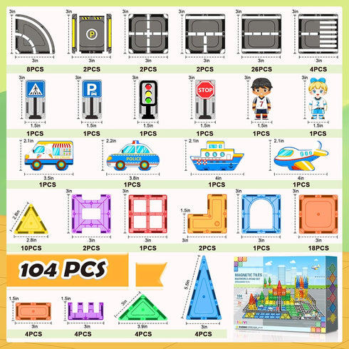 104 Set, 3-5 5-7 4-8, 3+ PCS Magnetic Tiles Road STEM Construction Toys for Kids Ages Magnet Building Blocks