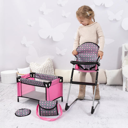 Set, Bayer Doll High Chair/Crib Grey, Pink with Dots