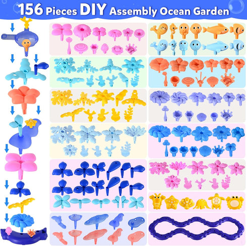 156Pcs 3 4 5 6 7 8Year Doloowee Flower Garden Building Toys for Girls Old, Upgrade DIY Marine Coral Stacking Toys, STEM