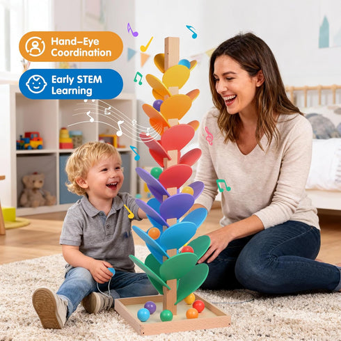 12 3cm Wooden Marble Run Music Tree, Tumble Leaf Montessori Rainbow Singing Tree with Sound, Includes Extra-Large