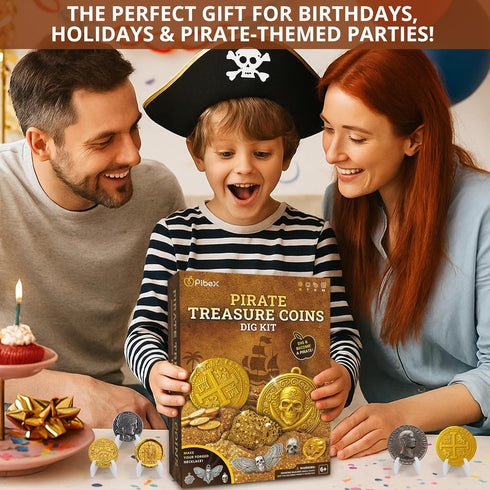 16+ 6+ PIBEX Pirate Treasure Coins Dig Kit Dig & Collect Ancient Metal Coin Replicas, Fools Gold & Pirate Charms STEM