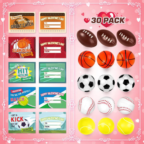 30Pcs OCHIDO Valentine's Greeting Cards With Sports Squeeze Balls Kits,Kids Valentine Cards Exchange,School Valentines