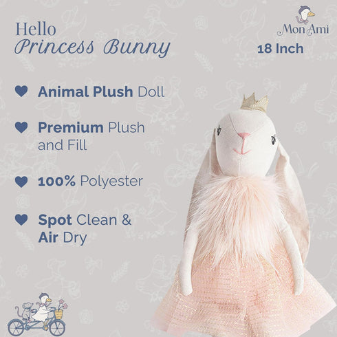 MON AMI Princess Bunny Stuffed Doll, 18", Soft Plush Animal Doll for Kids, Use as Toy or Room Décor