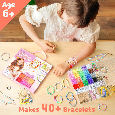 Paodey Bracelet Making Kit for Girls, 20 Colors Polymer Clay Beads DIY Arts and Crafts Toys for Ages 6 7 8 9 10+ Year Old Girl Birthday Gift Jewelry Kit for Kids Age 6-13 Year Old Girl Gifts