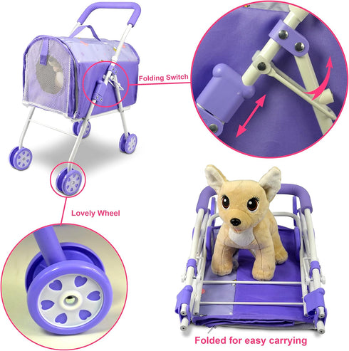 ANIVIA Pet Stroller and Accessories for Kids Ages 3 to 7, 2 Pieces Play Dog Set with 1 Pet Puppy Included