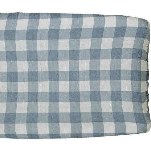 Mebie Baby Changing Pad Cover, Dusty Blue Gingham, 100% Muslin Cotton Changing