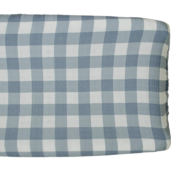Mebie Baby Changing Pad Cover, Dusty Blue Gingham, 100% Muslin Cotton Changing