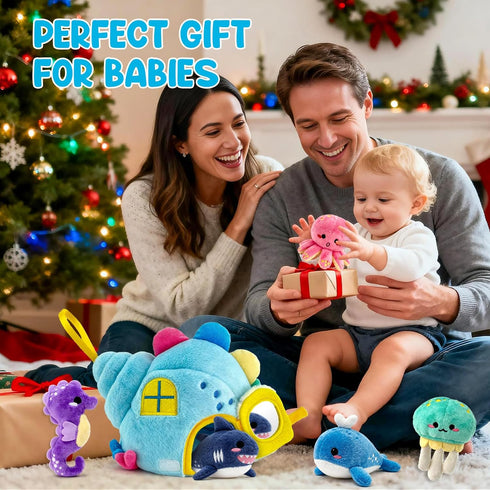 pamexin 6-12 Set 1 5 6+ Baby Toys Months, Ocean Stuffed Animals with Conch House and Sea Creatures, Rattle, Lanyard