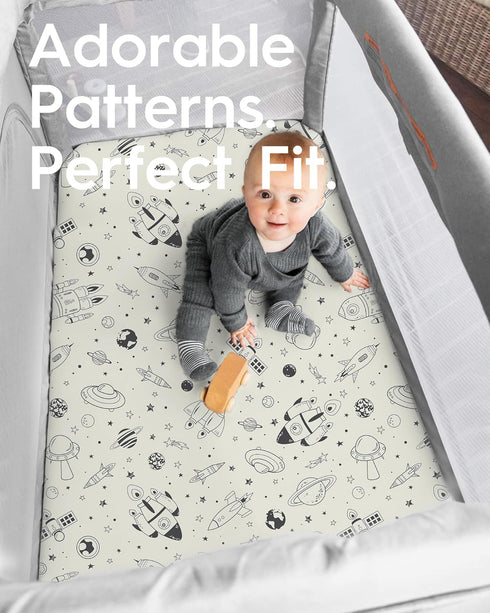 Pack Pack Pack 2 Pack N Play Sheets Fitted, TotBasic Ultra Soft Space Mini Crib Sheets, Premium Jersey Knit and Play