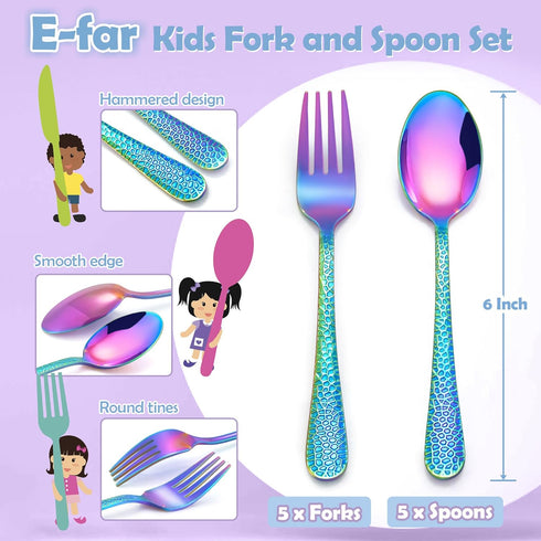 E-far Toddler Forks and Spoons Set, 10-Piece Stainless Steel Toddler Utensils Kids Safe Silverware for Self Feeding, Healthy & Non-Toxic, Rainbow by E-far