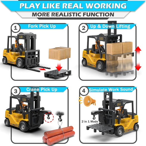 RC Forklift Truck 2 in 1 Transform Lift Fork & Hook, 11 Channel Remote Control Forklift, 2 Battery, Kids Toy Gift 6+