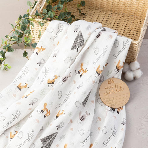 Set 47x47 inches BabyWhale Muslin Swaddle Blanket with Hat and Headband Bow, Animals Print Swaddle for Baby Boys Girls