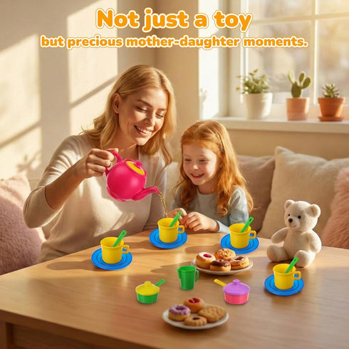 FLORMOON Set, 18-Piece Set 6 Toy Tea Pretend Play with Colors - Includes Teapot, Cups, Saucers, Sugar Jar | Durable