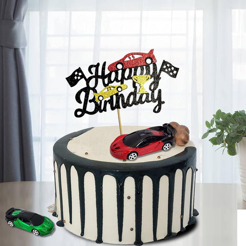 Cars Cake Topper Model Racing Car with Chequered Flag - Sports Themed Birthday Party Decor for Boys Kids