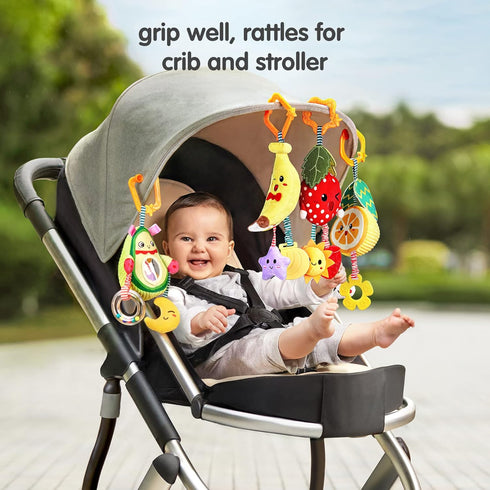 3 6 9 12 Gifts,4 Pack TUMAMA Baby Toys for Months,Hanging Fruit Rattles Avocado,Banana,Orange and Strawberry,Stroller