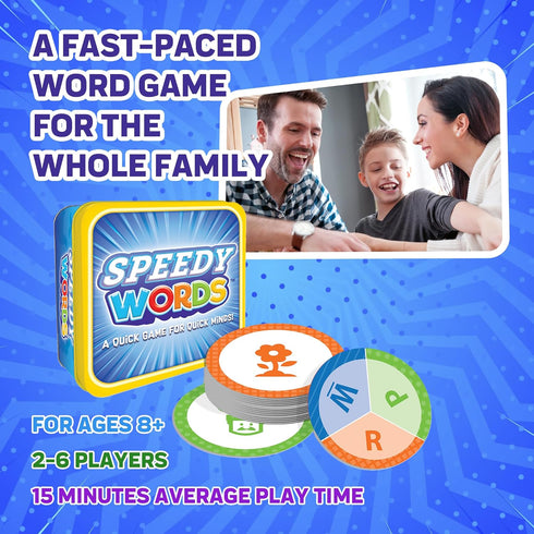 Foxmind Speedy Words Quick Word Game, On The Go Educational Kids and Adult Card Games, 15 Minute Fun Card Games for 2 Players or More, Card Game for Family Night, Parties, and More