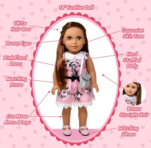Gift Boutique 18 Inch Poseable Girl Doll with Fine Hair, Clothes, Shoes, Purse, Accessories, Princess Doll for Kids