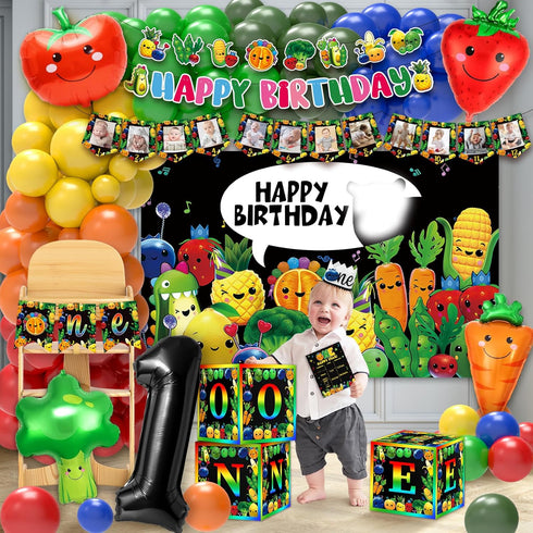 1st NANAGALI Hey One Bear Sensory Fruit Birthday Decorations - Dancing Fruit Birthday Party Backdrop Balloons Arch Box