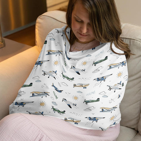 Sweet Jojo Designs Green Vintage Airplane Boy Infant Baby Car Seat Cover for Nursing, Breastfeeding, High Chair