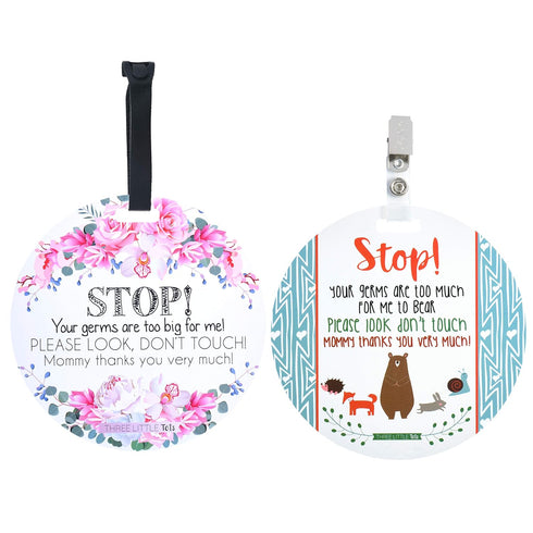 (Three Little Tots) Baby Safety No Touching Car Seat and Stroller TWO PACK – Car Seat Sign, Stroller Sign, Newborn Tag