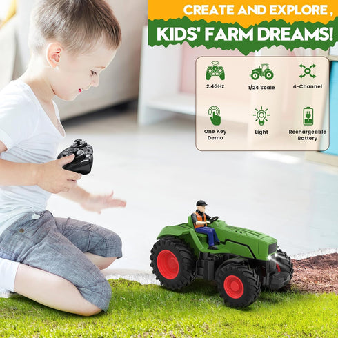 RC Tractor Toy with Farmer & Light, 1:24 Scale, Rechargeable Remote Control Tractor Toys for Kids 3-5, Birthday Gift