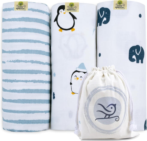 Baby Sparrow 3-Pack 47x47 BabySparrow Muslin Swaddle Blankets Large Cotton Baby Swaddles for Newborns, Soft Breathable