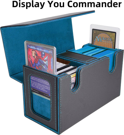 AFIING MTG Commander Card Storage Box, Fits 200 Double Sleeved Cards, 3-in-1 Card Deck Case, Black/Cyan