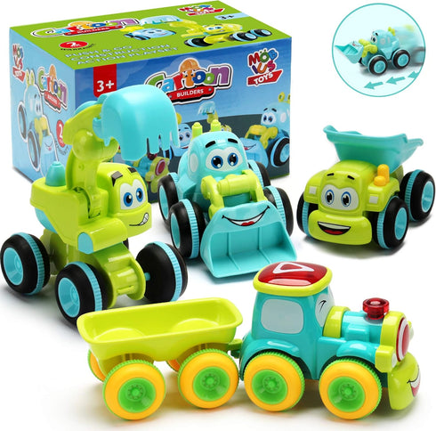 Friction Powered Trucks for 2 Year Old Boys, 4 Cartoon Construction Vehicles, Push & Go Cars Set