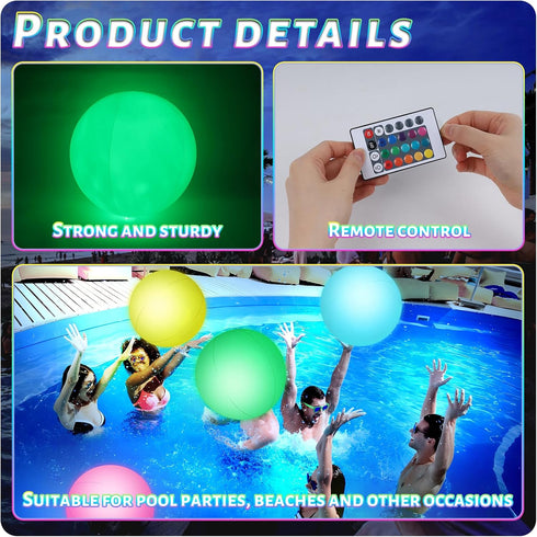 3 Otters 4PCS Light Up Beach Balls, 12" Glow Pool Balls with Remote Control for Kids Summer Parties