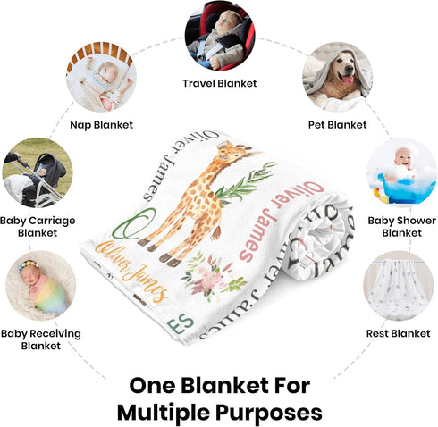 Novusopt Monogrammed Personalized Baby Blanket Safari with Name Custom Animal Receiving Blanket for Boy