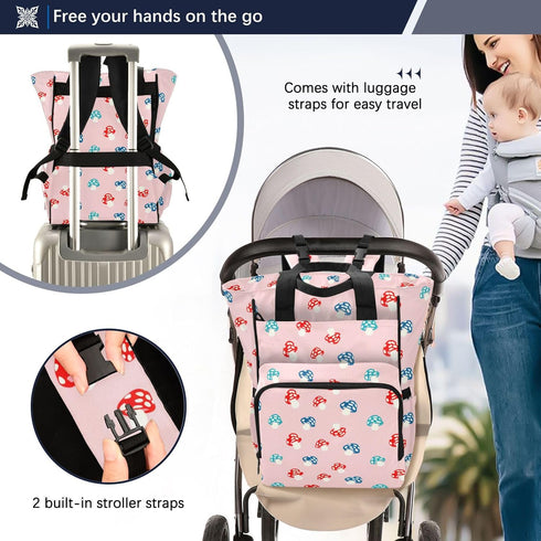 Burbuja Backpack Cute Mushrooms Diaper Bag for Women Men, Large Travel Diaper Bag Tote with Stroller Straps & Insulated