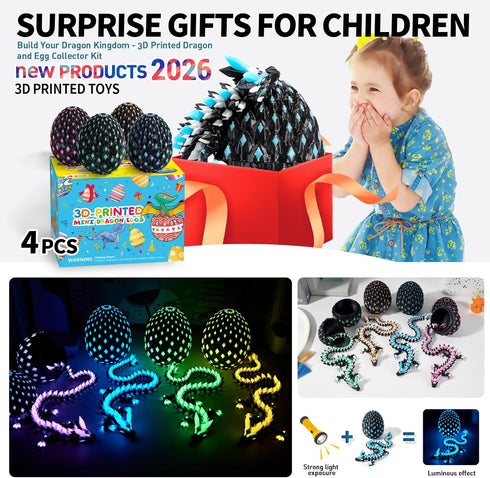 2026 4pcs 3D 3D Easter Gifts for Kids Printed Dragon Egg Glow in The Dark,Cool Crystal Dragon Toys, Print Dinosaur
