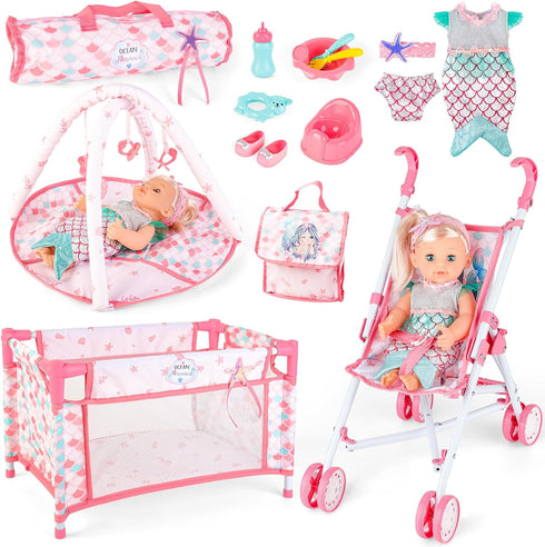 deAO Baby Doll Stroller Crib Bed Nursery Role Play Set, Baby Doll Accessories with Travel Cot and Foldable Stroller