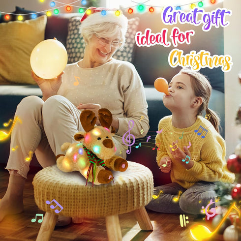 Glow Guards Christmas Reindeer Stuffed Animal - Light Up Music 15'' Night Light LED Glowing Singing Elk Plush Toy for