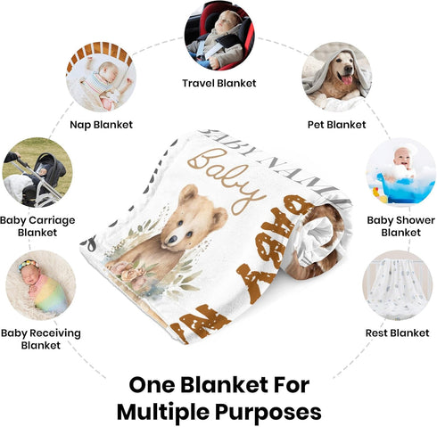 Novusopt Personalized Floral Bear Baby Blanket with Custom Name for Girls, Receiving Blanket for Newborn, Nursery Kids