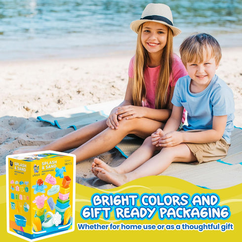 utoyz Set 18 Summer 1+ Splash & Sand Adventure Beach Toys for Toddlers with Pcs Stacking Cups, Watering Can, Bucket