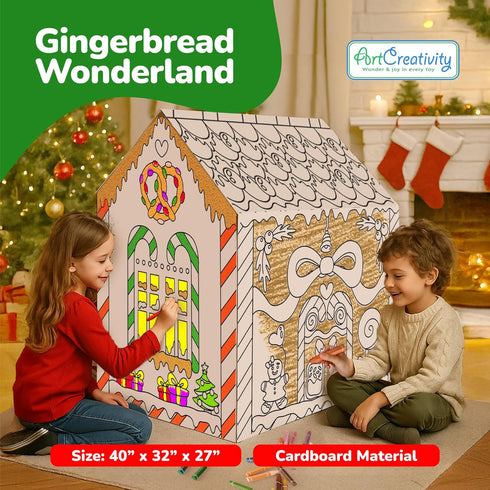 24 3-9 ArtCreativity Gingerbread House Craft Kit for Kids with Butter Crayons - Black and White Gingerbread Cardboard