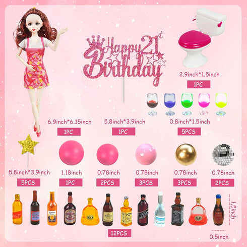 Mini Wine Bottles Cake Toppers With 12 Mini Wine Bottles 5 Mini Wine Glasses 1 Toilet Toy 1 Beauty Doll 21st Birthday Cake Topper for Celebrating Birthday 21st Girl Party (Brown)