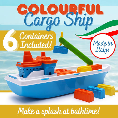 Toyland 41cm (16") 6 3 Colourful Cargo Ship with Moveable Doors, Crane & Plastic Containers - Kids Floating Water Toy